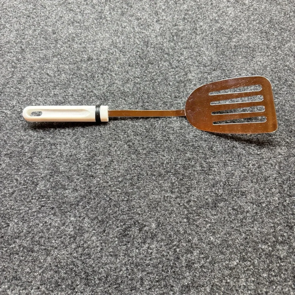 Vintage Slotted Metal Spatula Turner Flipper White Handle 13.5